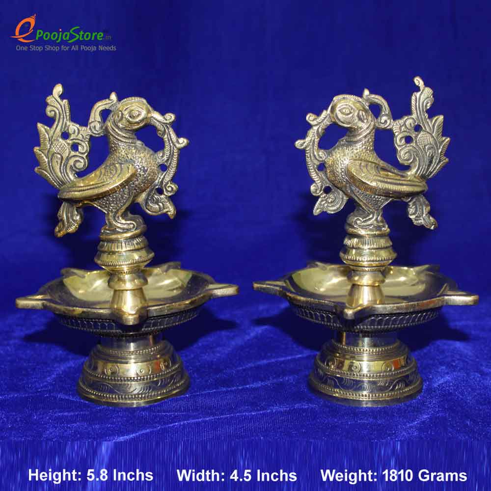 Antique Brass Peacock Diya 5 Face (Pair)