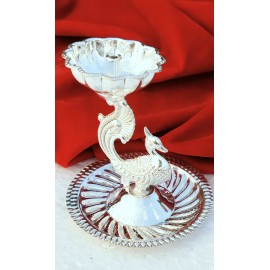 German Silver Peacock Diya With Attached Around plate