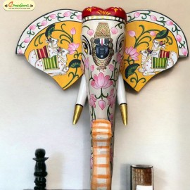 Pichwai Work Wooden Elephant Head