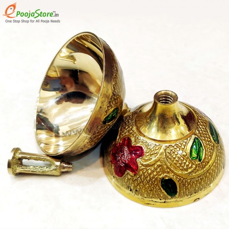 Pure Brass Diya, Oil Lamp Kuber Diya, Deepam, Deepak with Meenakari (Pack of 1)