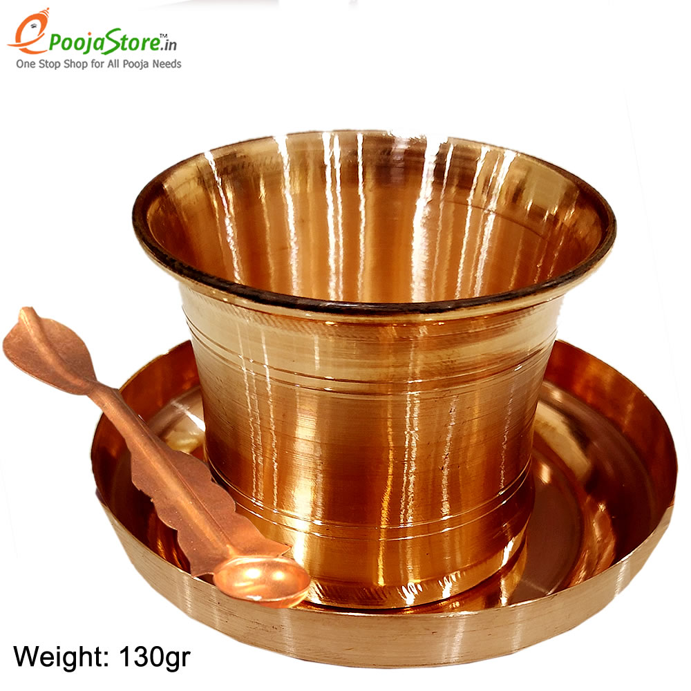 Pure Copper Panchapatra / Achmani Pali Set for Rituals  ( Pack of 3 (1 Glass, 1 Spoon and 1 Plate)) Small Size 