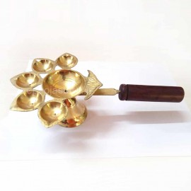 Pancha Arathi With Wood Handle Brass  (9 inches)