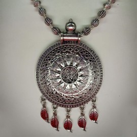 Antique Oxidized Silver Necklace with Round Pendant 