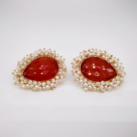 Oxidized Antique Orange Kundan with White Pearl Designer Traditional Fusion Stud