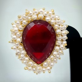Oxidized Ruby Coral with Pearl Stud 