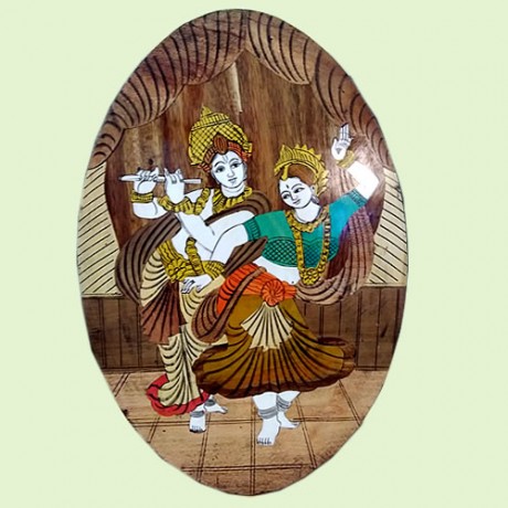 Dancing Radha Krishna (Rosewood Curved Painting) (Oval Shape)