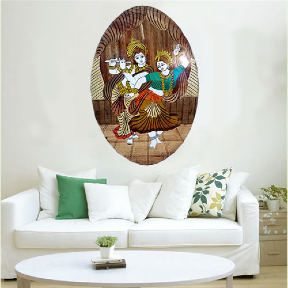 Dancing Radha Krishna (Rosewood Curved Painting) (Oval Shape)