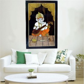 Ganesha with Veena (Rosewood Curved Painting)