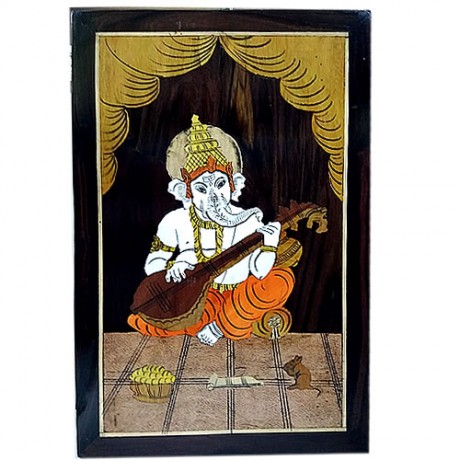 Ganesha with Veena (Rosewood Curved Painting)