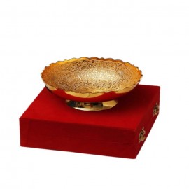 Gold Plated Brass Bowl Middle Peacock Carving 6" Diameter