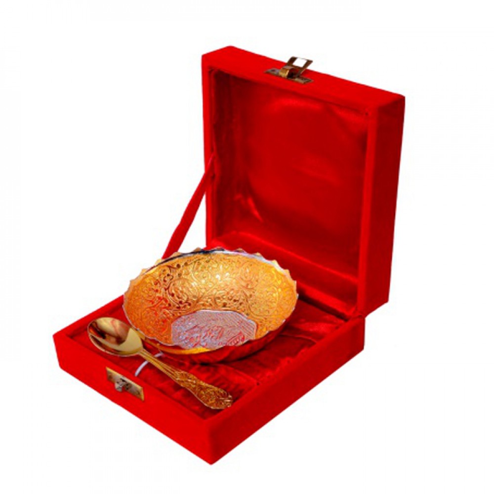 Gold & Silver Plated Brass Bowl 4" Diameter with Spoon Gold & Silver Plated Brass Bowl 4" Diameter with Spoon