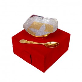 Handi craft Decorative Brass  Square Shaped Bowl with Spoon (4 Inch Diameter)