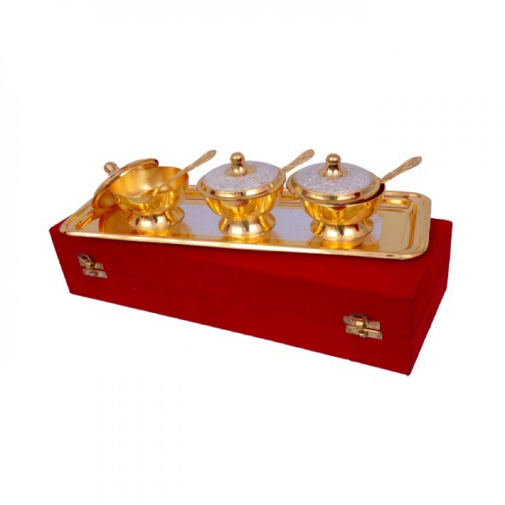Silver & Gold Plated Brass Mouthfreshner Set 7 Pcs. (Bowl 3" Diameter & Tray 13" x 5.5")