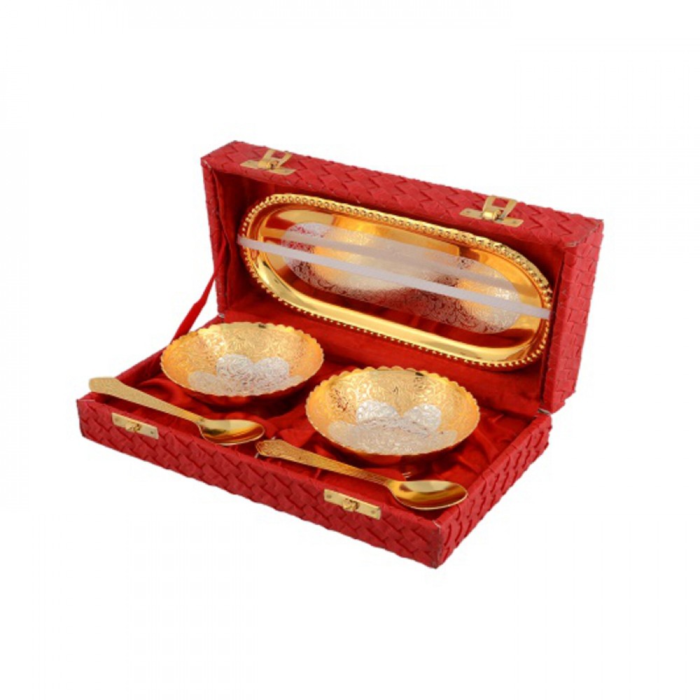 Silver Gold Plated Bowl Brass Set 5 Pcs. (Bowl 3.5" Diameter & Tray 8"x 4.5") Silver Gold Plated Bowl Brass Set 5 Pcs. (Bowl 3.5" Diameter & Tray 8"x 4.5")