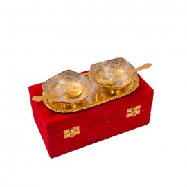 Gold & Silver Plated Bowl Brass Set 5 Pcs. (Bowl 4" Diameter & Tray 8"x 4.5")