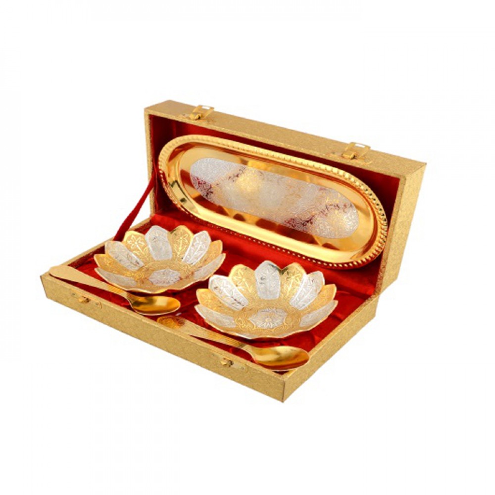 Gold & Silver Plated Brass Bowl Set 5 Pcs. (Bowl 4" Diameter & Tray 8"x 4.5") Gold & Silver Plated Brass Bowl Set 5 Pcs. (Bowl 4" Diameter & Tray 8"x 4.5")