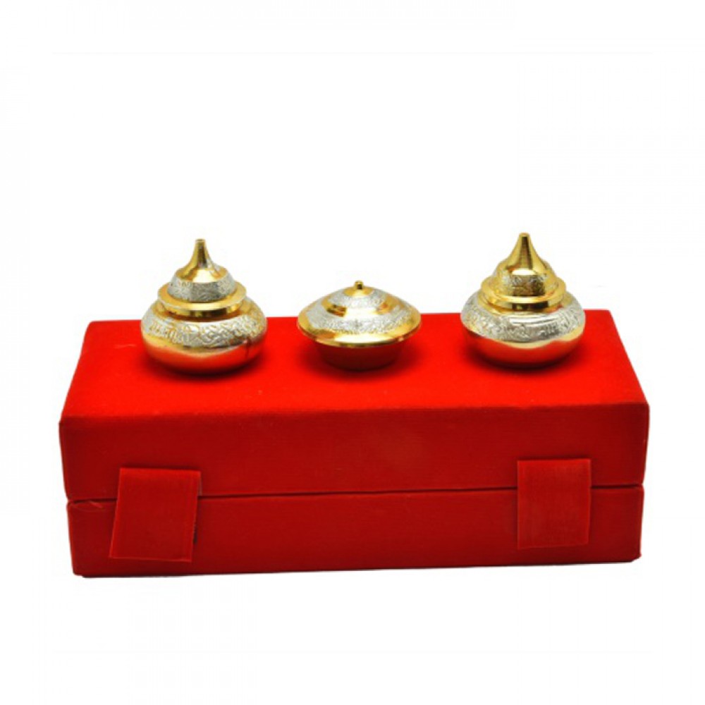Silver & Gold Plated Brass Haldi Kumkum Set ( 2.25" x2 Pcs. 1.75'' x 1 Pc. ) Silver & Gold Plated Brass Haldi Kumkum Set ( 2.25" x2 Pcs. 1.75'' x 1 Pc. )