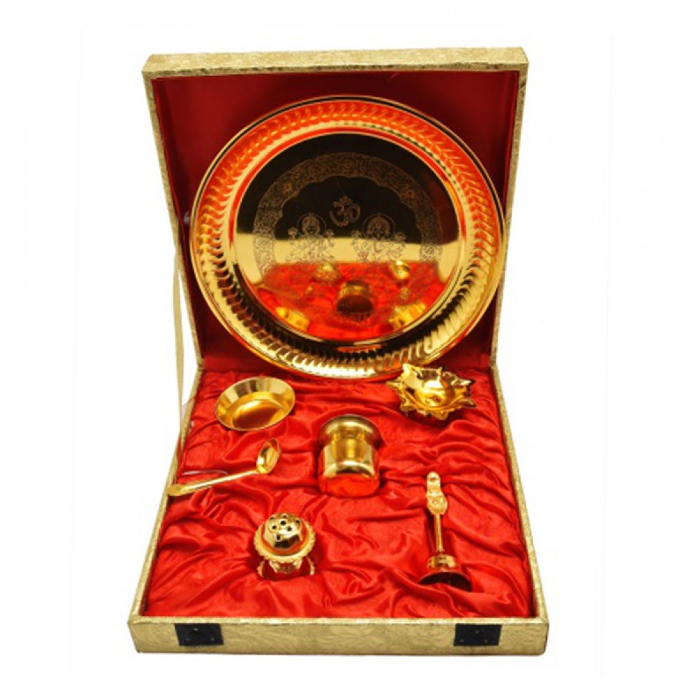 Gold Plated Steel Pooja Thali 11.5" Diameter with Brass Bell Gold Plated Steel Pooja Thali 11.5" Diameter with Brass Bell
