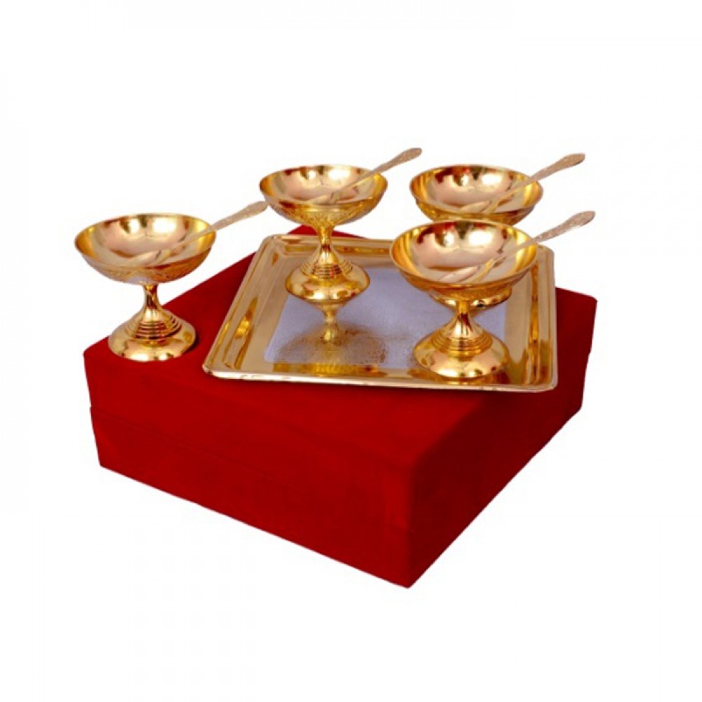 Silver & Gold Plated Brass Ice Cream Bowl Set 9 Pcs. (Bowl 3.5'' Diameter & Tray 8" x 8") Silver & Gold Plated Brass Ice Cream Bowl Set 9 Pcs. (Bowl 3.5'' Diameter & Tray 8" x 8")