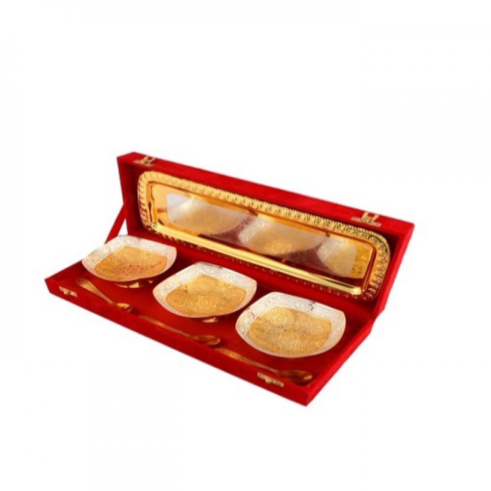 Silver & Gold Plated Brass Square Shaped Bowl Set 7 Pcs. (Bowl 5" Diameter & Tray 14" x 5.25") Silver & Gold Plated Brass Square Shaped Bowl Set 7 Pcs. (Bowl 5" Diameter & Tray 14" x 5.25")