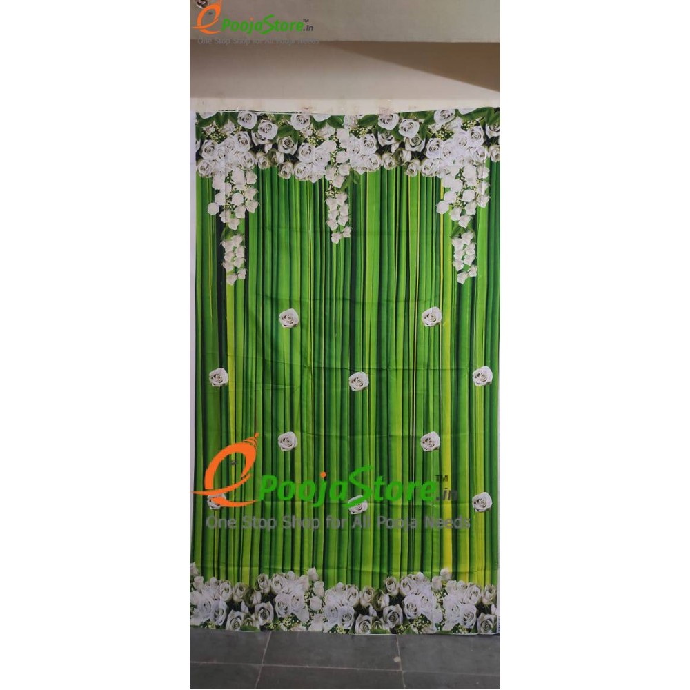 Green Colour BackDrop With White Colour Flowers Embosed Wall Drop / Wall Curtain / Backdrop For House Warming