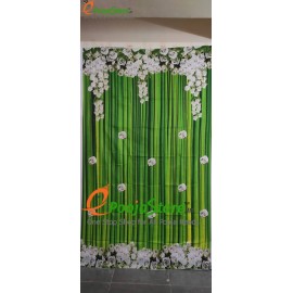 Green Colour BackDrop With White Colour Flowers Embosed Wall Drop / Wall Curtain / Backdrop For House Warming
