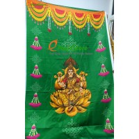 Golden Lakshmi Devi with Toran Design Green Color Backdrop Cloth for All Festival Decoration /House Pooja Event/ Lakshmi Devi in Golden Lotus Green Color 5 Feet Width / 8 Feet Length.