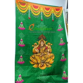 Golden Lakshmi Devi with Toran Design Green Color Backdrop Cloth for All Festival Decoration /House Pooja Event/ Lakshmi Devi in Golden Lotus Green Color 5 Feet Width / 8 Feet Length.